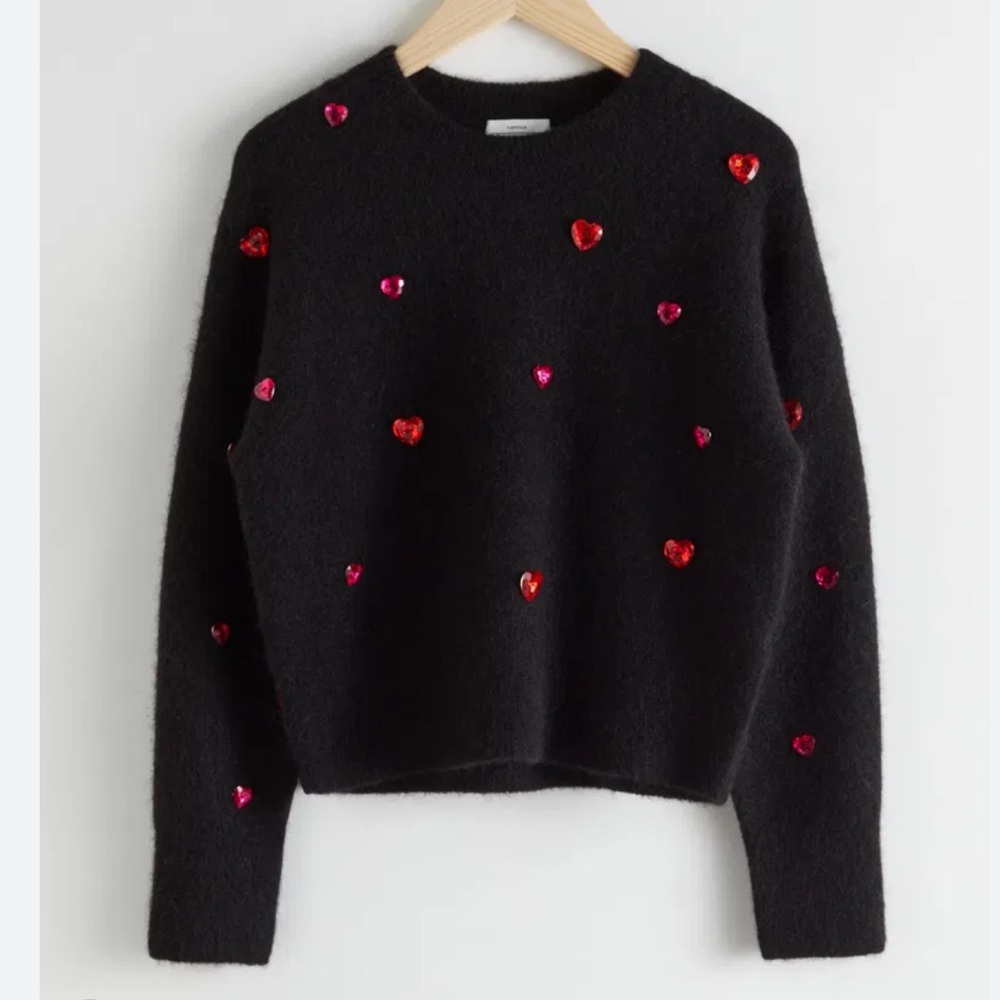 & Other Stories Heart Gem Embellished Wool Blend Sweater